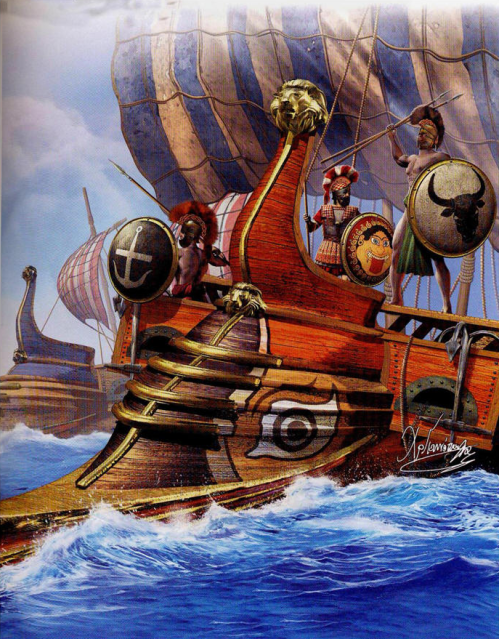 Τυπικό δείγμα ελληνικής τριήρους των κλασσικών χρόνων. (Πίνακας του Χρήστου Γιαννόπουλου για τις εκδόσεις Περισκόπιο)